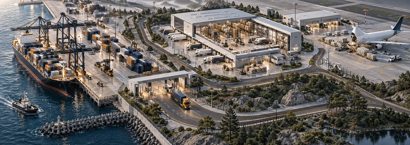 Original conceptual logistics landscape showing a sea port, road gate, warehouse and cargo airport; not a real location
