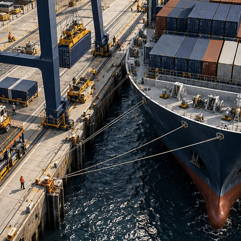 Original generated concept of a ship unloading at a sea terminal