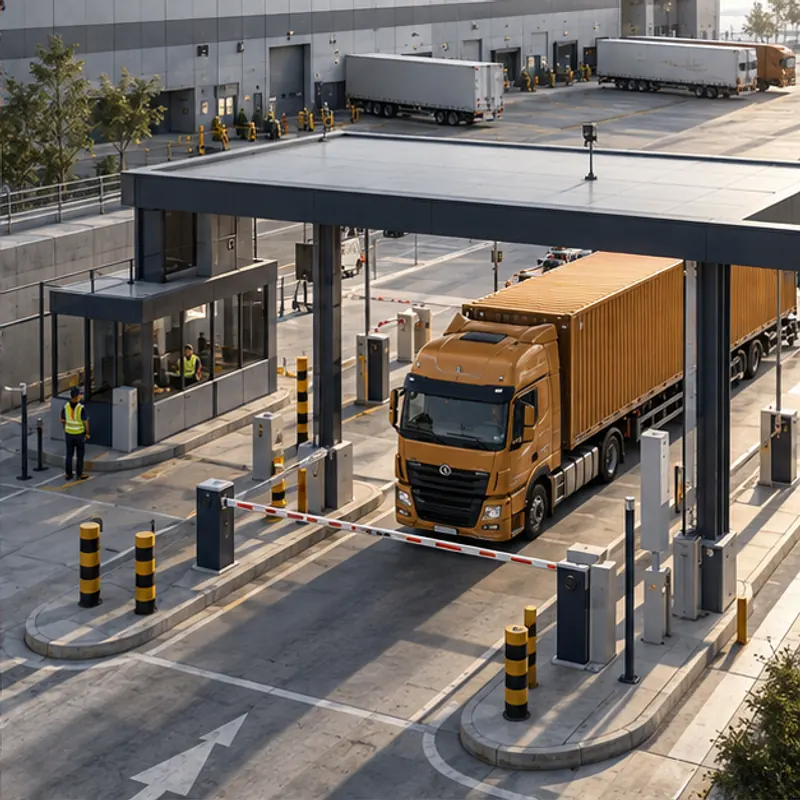 Original generated concept of a freight truck at a gate checkpoint