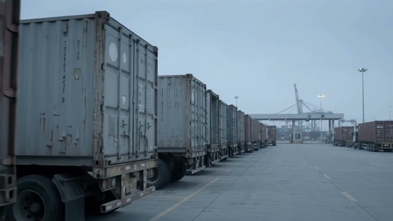 Freight containers and trucks gathered at a terminal yard