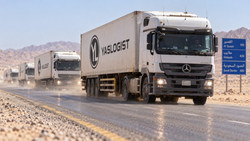 Conceptual branded freight-truck convoy travelling along a desert highway