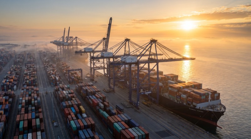 Cargo ship alongside port cranes at sunset
