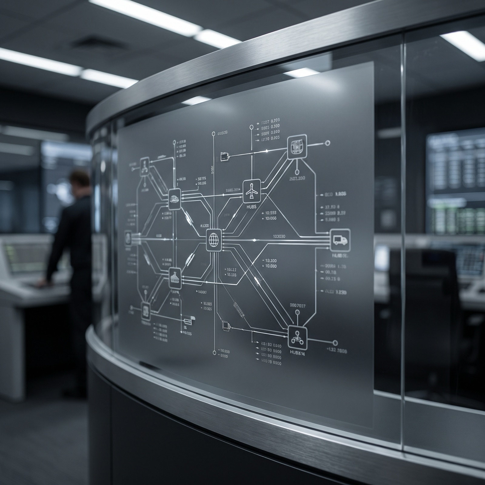 Conceptual operations center displaying a connected multimodal route and shipment network; illustrative, not live